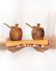 Teak Wood Small Salt Spice Jar Set with Tray and Spoons