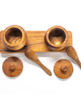 Teak Wood Small Salt Spice Jar Set with Tray and Spoons