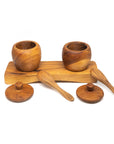 Teak Wood Small Salt Spice Jar Set with Tray and Spoons