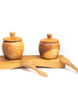 Teak Wood Small Salt Spice Jar Set with Tray and Spoons