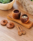 Teak Wood Small Salt Spice Jar Set with Tray and Spoons