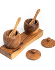 Teak Wood Small Salt Spice Jar Set with Tray and Spoons